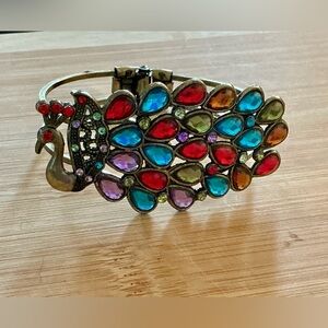 VTG Multicolor Rhinestone Peacock Gold/Brass Tone Cuff Hinged Bracelet Clamper
